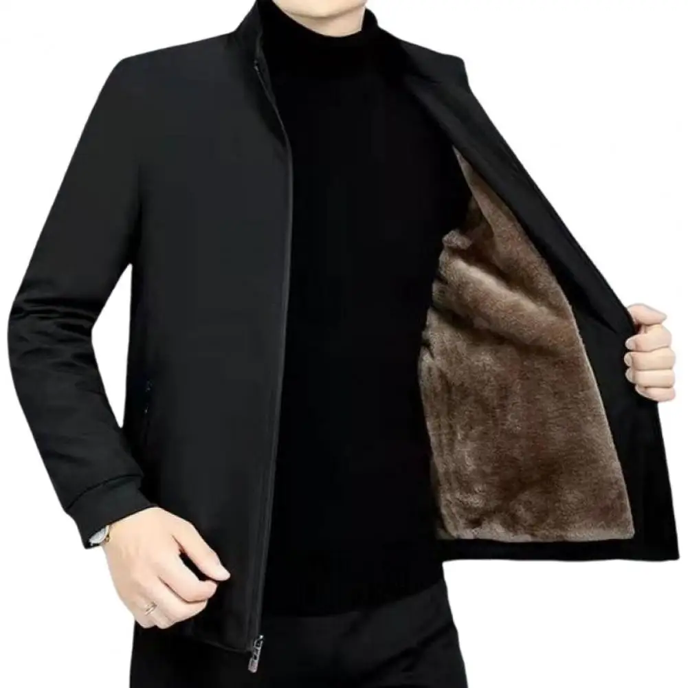 Casual Coat Men's Thick Plush Winter Jacket with Stand Collar Windproof Cold-resistant Father Coat for Fall Long Sleeve Zip Up