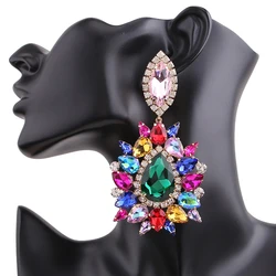 Big Earrings Elegant Purple Crystal Clip on Women Earring Pink Water Drop Huge Fashion Jewelry for Beauty pageant Drag queen