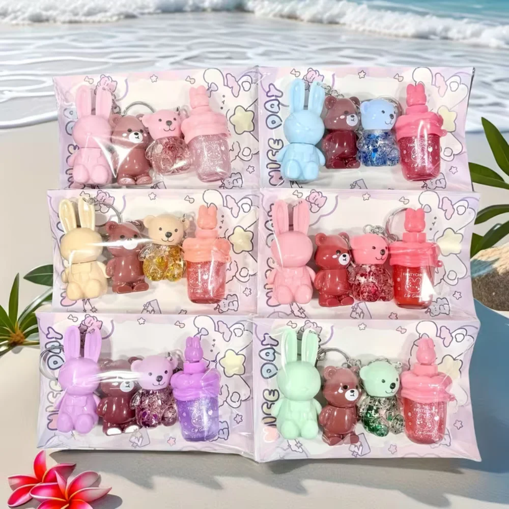 Juego de brillo de labios lindo oso y conejito, brillo de labios teñido con aceite de labios brillante con llavero, lápiz labial brillante, maquillaje para niñas, 4 Uds.