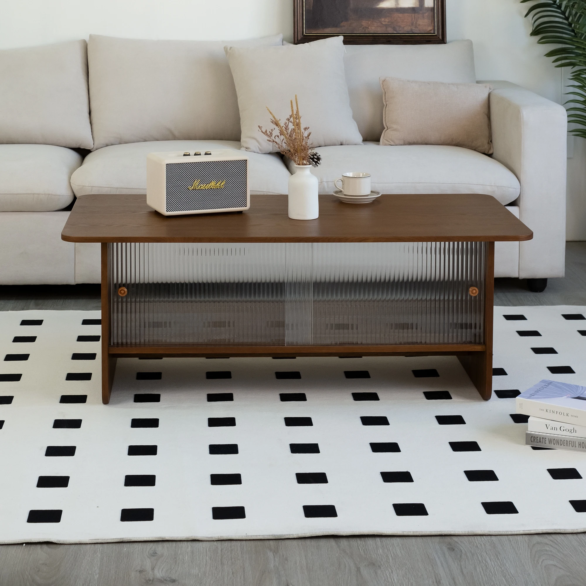 

# Modern Minimalist Wood Coffee Table With Storage Cabinet And Glass Sliding Doors For Living Room