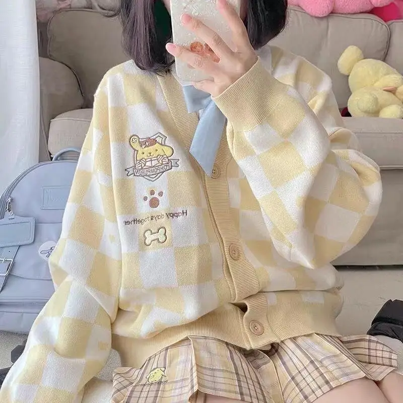 

Sanrio Checkerboard Cardigan Hello Kitty Design Sense Sweater Autumn and Winter Loose Niche Fashion College Style Jacket Trendy