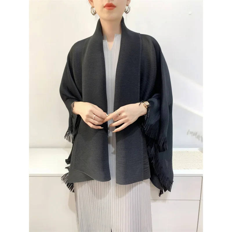 DUOSHA Miyake 2023 Spring and Autumn Cardigan Shawl Tassel Jacket Women Loose Large Size Comfortable Casual Pleated Tops