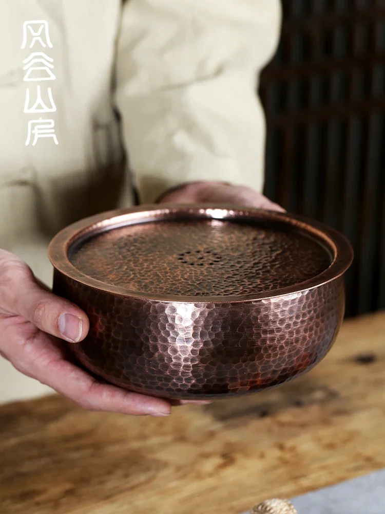 Pure handmade copper pot bearing retro large purple clay  holder water storage tea table, copper Jianshui washing dry brewing