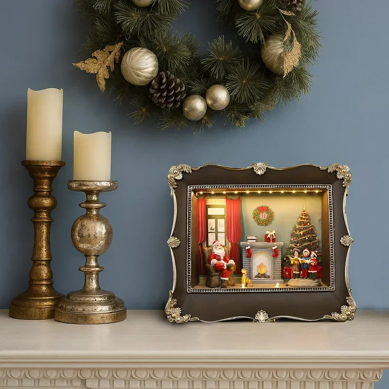 European Christmas retro engraved relief LED luminous photo frame resin photo frame table rotating music box frame gift
