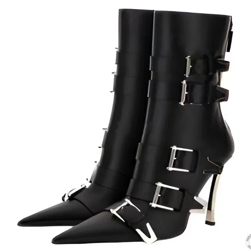 Brand Women\'s Boots 2022 Autumn Winter New Fashion Metal Slim Heel Belt Buckle Locomotive  Boots Show Boots Black White