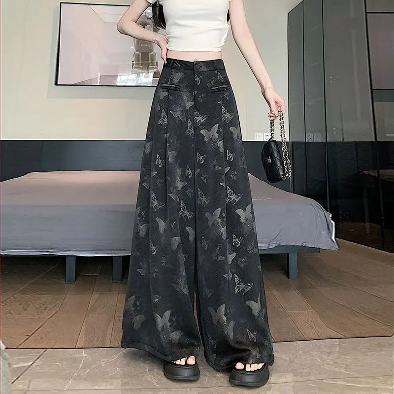 Spring Summer Retro Jacquard Satin Wide Leg Pants High Waist Straight Trousers