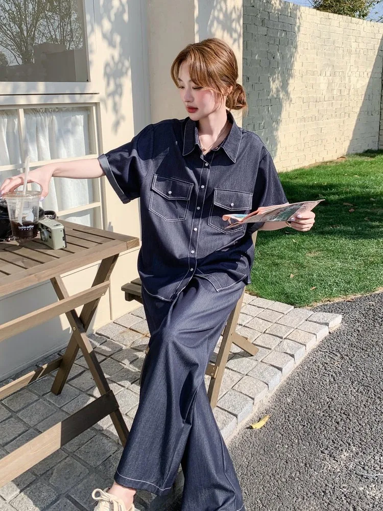Retro Hong Kong Style Loose Casual Women's Denim Set Short Sleeve Shirt High Waist Wide Leg Pants Two Piece Suit Summer Fashion