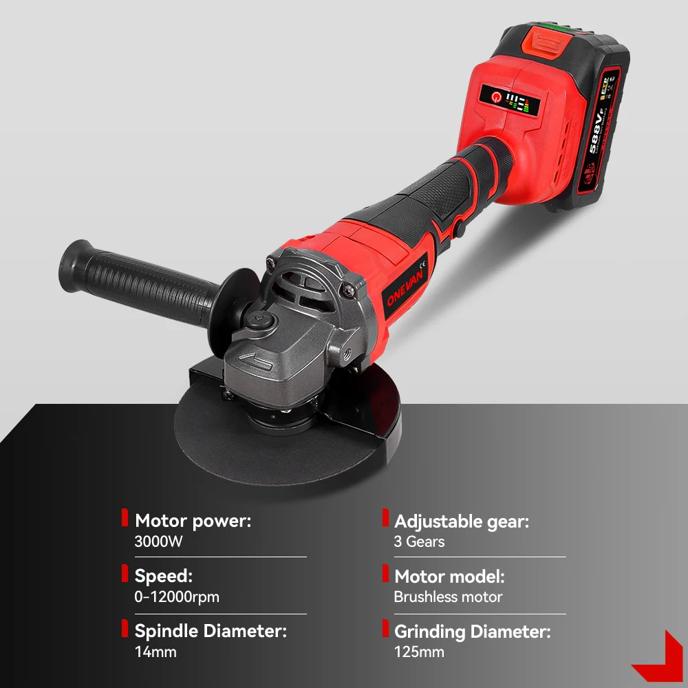 Image 3: Meuleuse d'angle électrique sans balais ONEVAN 125 mm, vitesse variable, machine à découper, outil de travail du bois, compatible avec batterie Makita 18V.