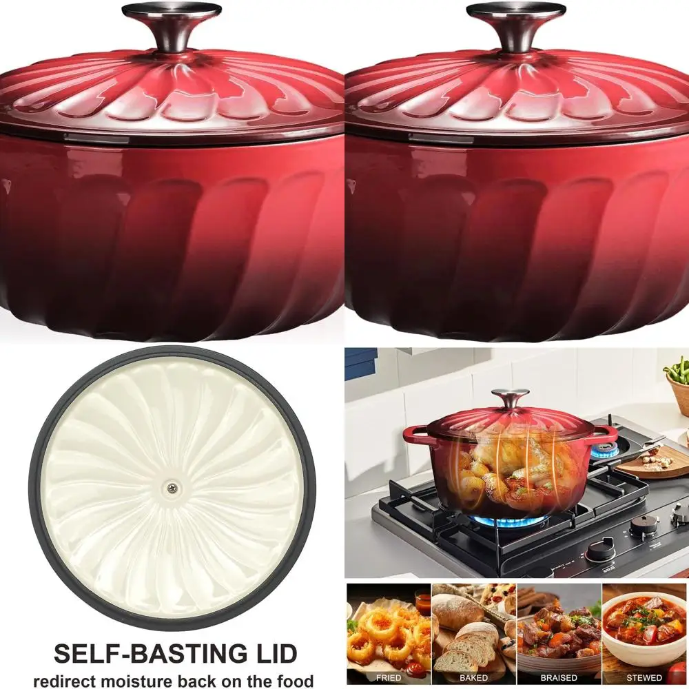 

Чугунная эмалированная кастрюля-казан на 6 кварт с крышкой, идеально подходит для выпечки хлеба, тушения и многофункционального приготовления на всех видах плит (красная)