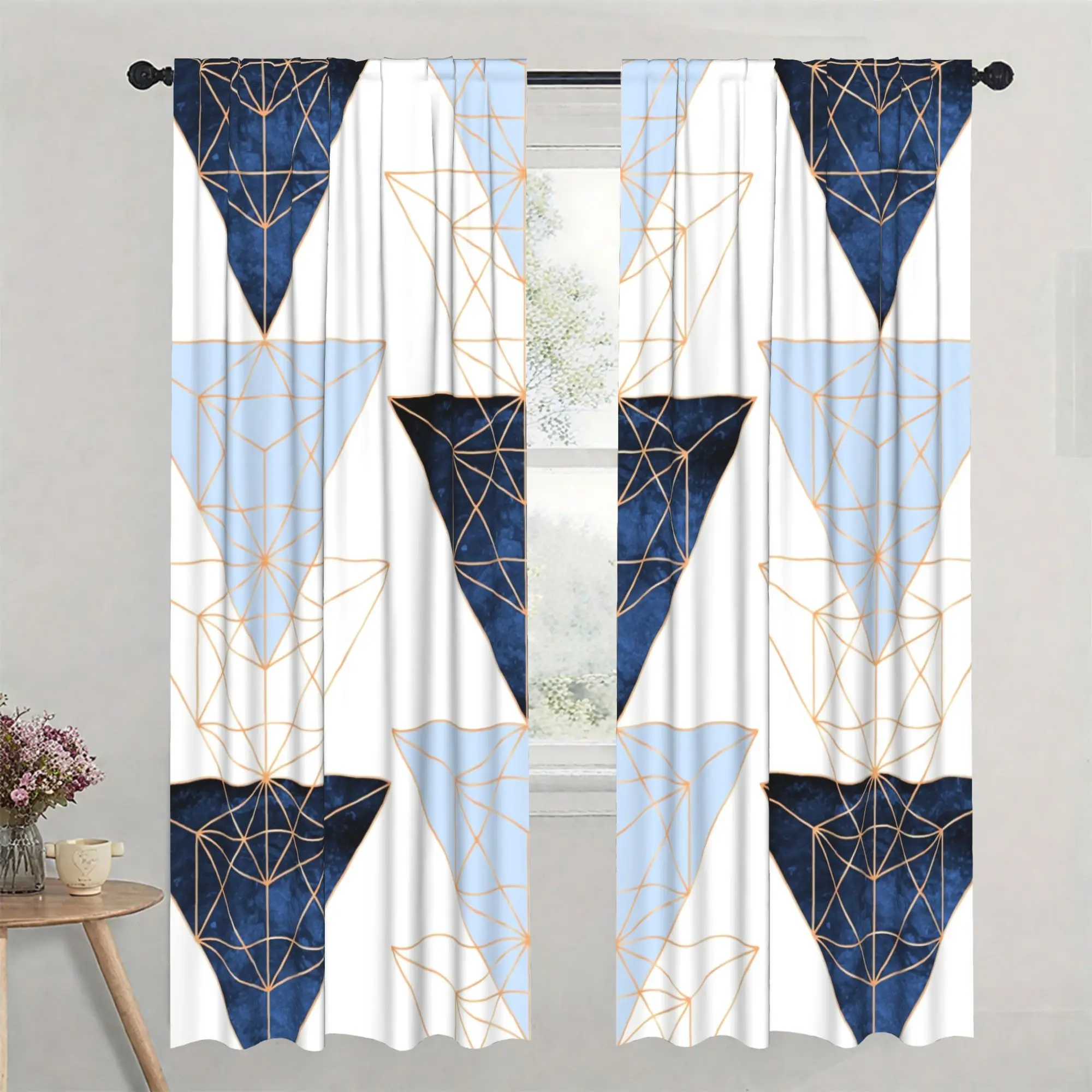 Stylish Geometric Navy Blue Abstract Curtain Pair 2pcs Modern Living Room Window Drapes Home Decor Panels