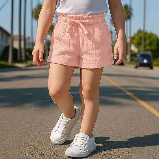 Somenie Girls Summer Cotton Linen Shorts Loose Mid Rise Solid Color Breathable Gauze Casual Kids Pants For Summer Daily Wear