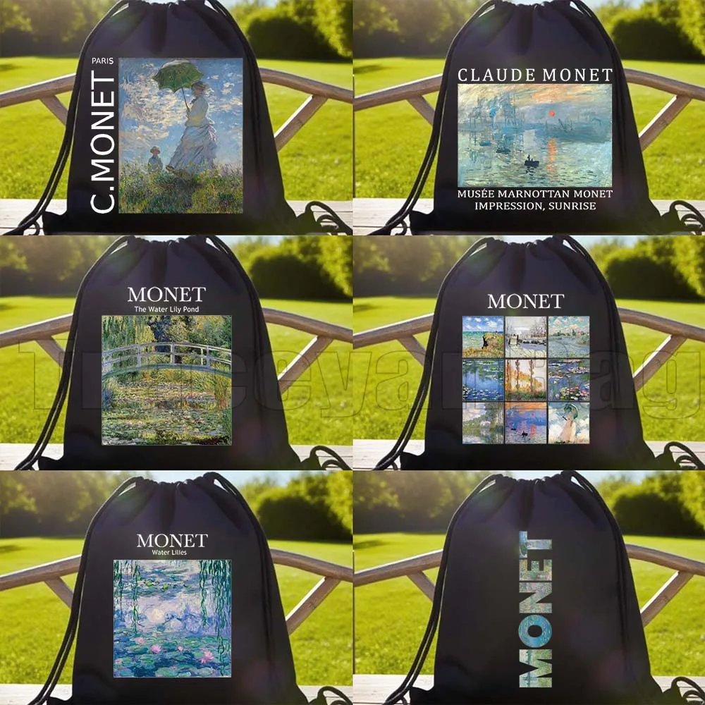 

Retro Monet Claude Monet Water Lilies Sunrise Painting Woman Girl Cute Gifts Drawstring Soccer Backpack Gym Sackpack String Bag