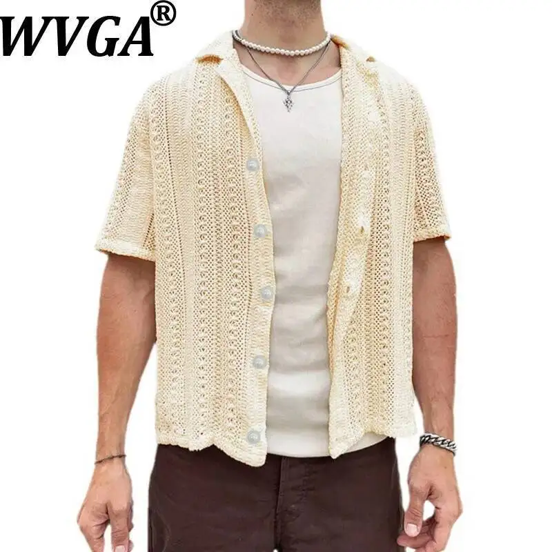 WVGA Men's Summer New Knitted Cardigan  Hollow Out Short Sleeve Shirt Solid Color Niche Chic Casual Turn-Down Collar Tops W23249