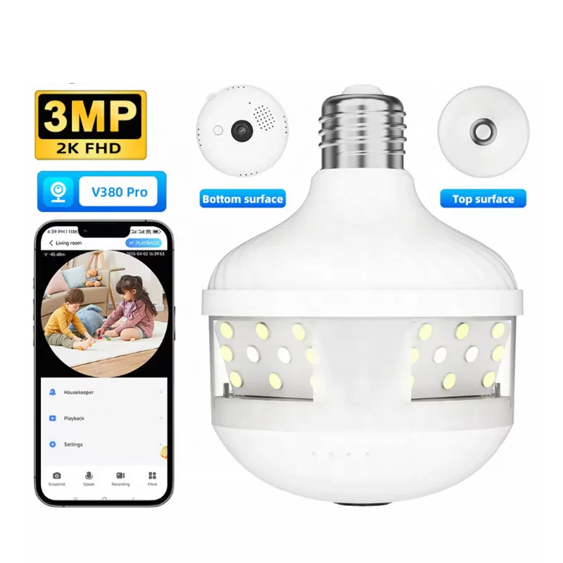 

3 МП 1296P IP-камера V380pro с тремя объективами, цоколем E27, панорамным обзором 360°, полноцветным изображением и AI-детектором человека
