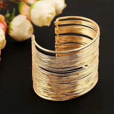 Punk Multilayer Strings Bracelet Zinc Alloy Wire Opening Cuff Bangle For Women Glittering Wrap  Open