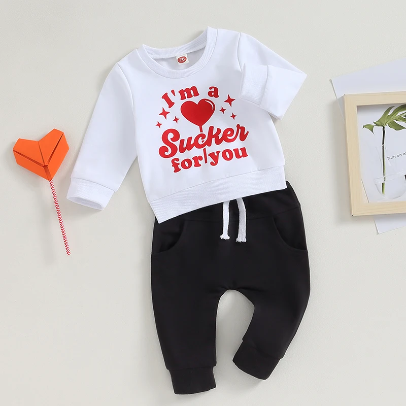 

Baby Boy Valentine s Day Heart Print Long Sleeve Hoodie and Jogger Set 2Pcs Cozy Outfit with Elastic Waistband