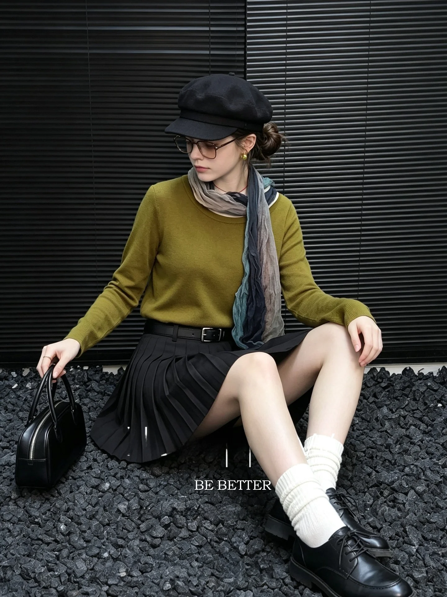 Elegant Long Sleeve T-Shirt for Women Huaappuw Scarf Waste Land Style Commute Fashionable Top French Style Standard Fit Wool ...