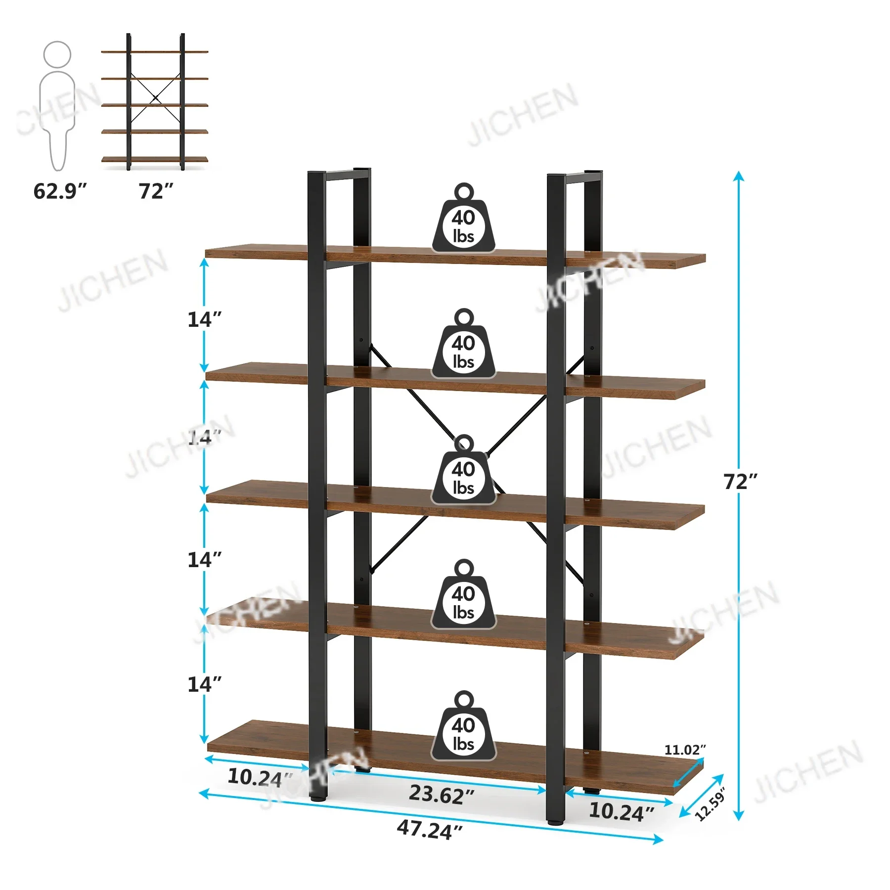 رف كتب JC مكون من 5 طبقات، خزانة كتب على الطراز الصناعي العتيق 72 ارتفاع × 12 عرض × 47 لتر بوصة، بني قديم #2