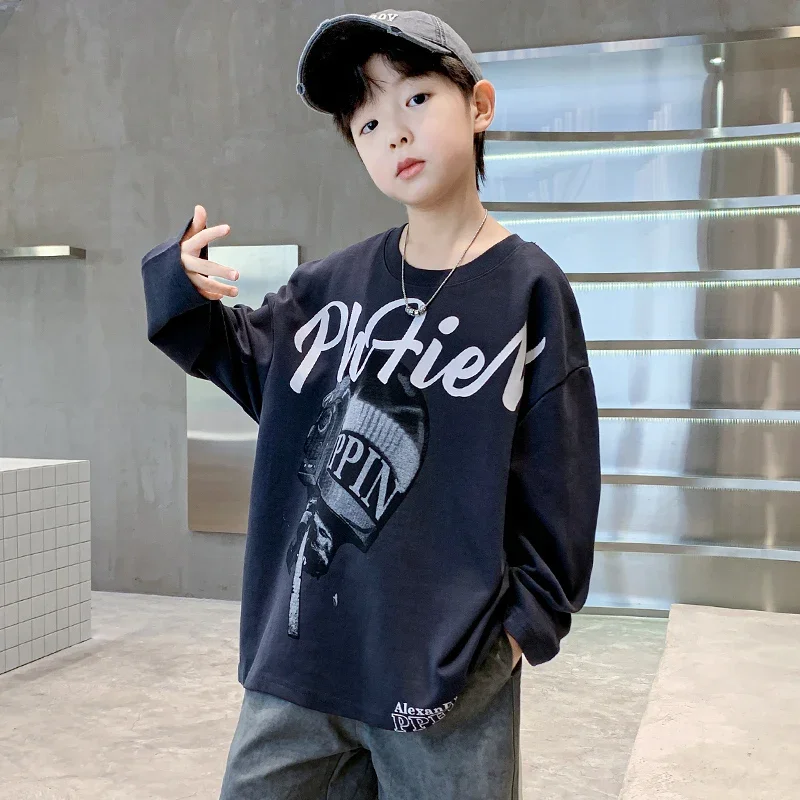 Korean Popular Boys Clothes Kids Cotton Sweatshirt Without Hoodies Teens Baby Long Sleeve T-shirt Cool School Boy Costume 5-14 Y