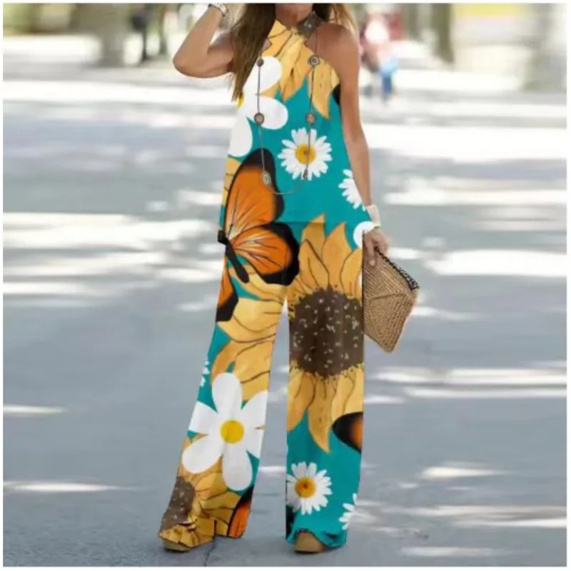 

summer 2 piece sets woman outfit New 2025 pants sets fashion print Tops+holiday Wide leg pants two piece outfits woman