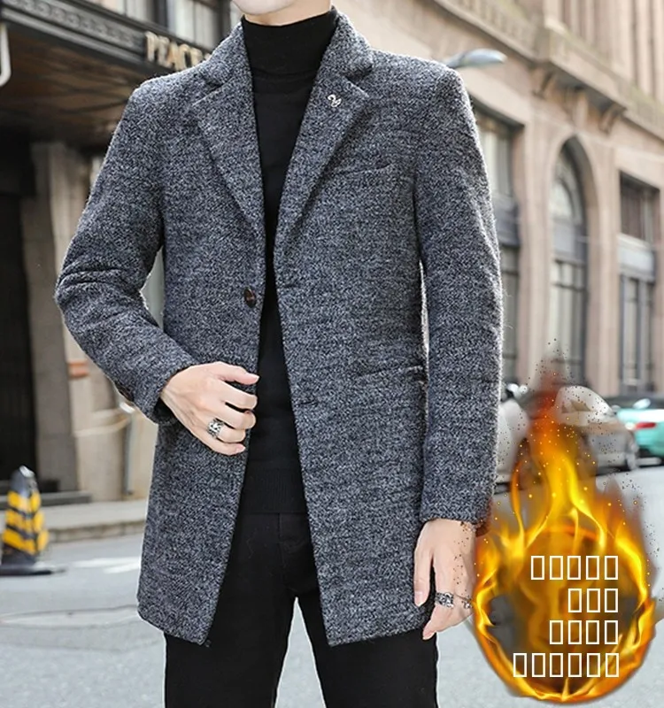 

Faionable ort Thiened Woolen Men's Jaet Autumn Winter Sli Slimming Suit Coat with Fce Inner And Single Button
