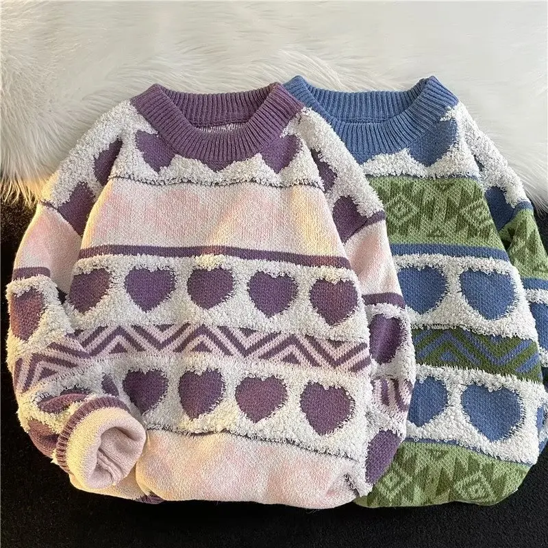 

Autumn Winter Large Size 250 Pou Patchwork Heart Knitwear Men's American Retro Loose Faion Sweater Baseball Collar Long ...