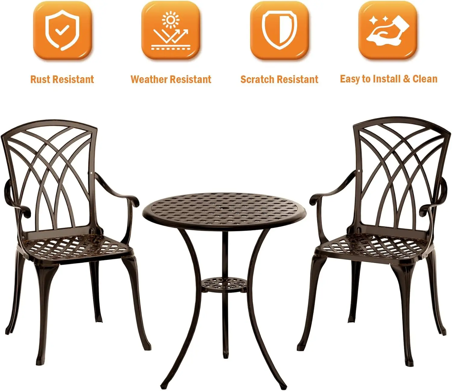 Bronze cast aluminum 3-piece rustproof bistro set for two people, round table with central umbrella hole, stable metal furniture for balcony, backyard and garden view 2