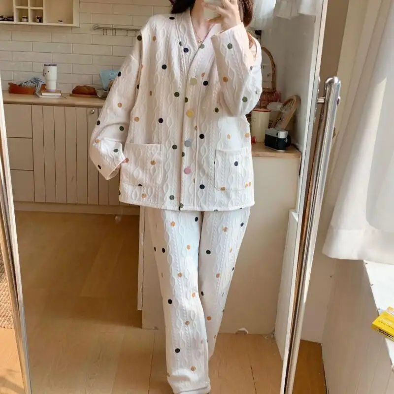 

Hot Women's Pajamas Girl's Coral Fleece Autumn Winter Thicken Keep Warm Sleepwear Half-Pile Cute Homewear Two-Piece Set Color