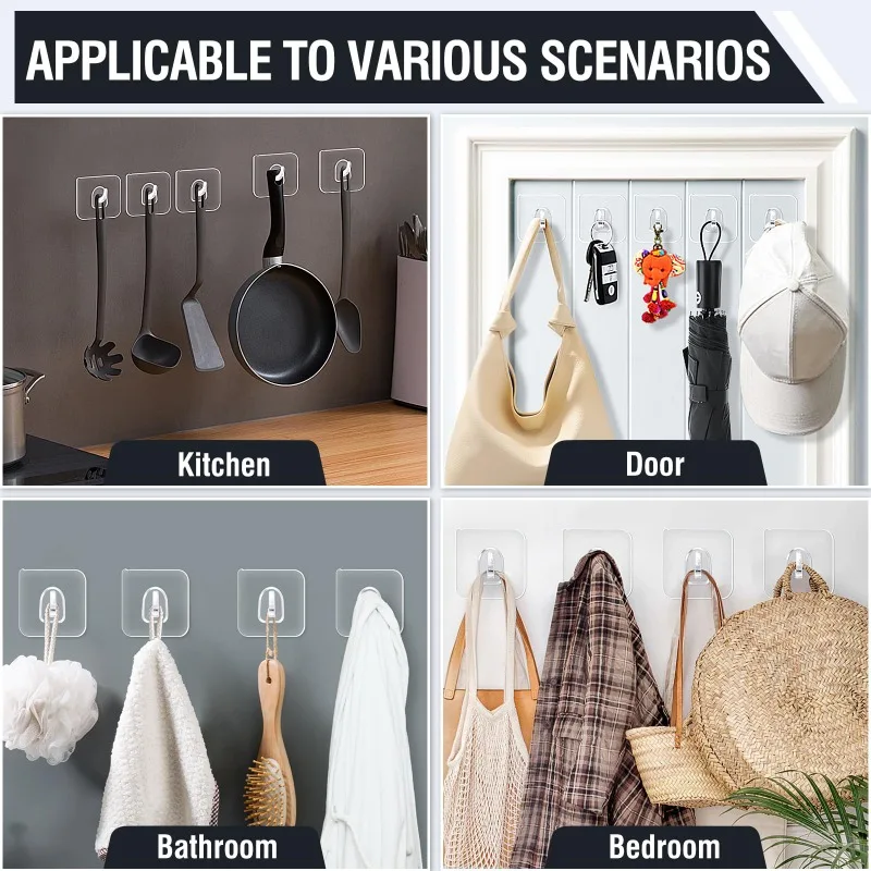 Starke selbstklebende Haken, robuste Wandhaken, transparente Kleiderbügel, Türschlüssel, Handtuchhaken für Badezimmer, Küche, Wandhaken – Detail 4