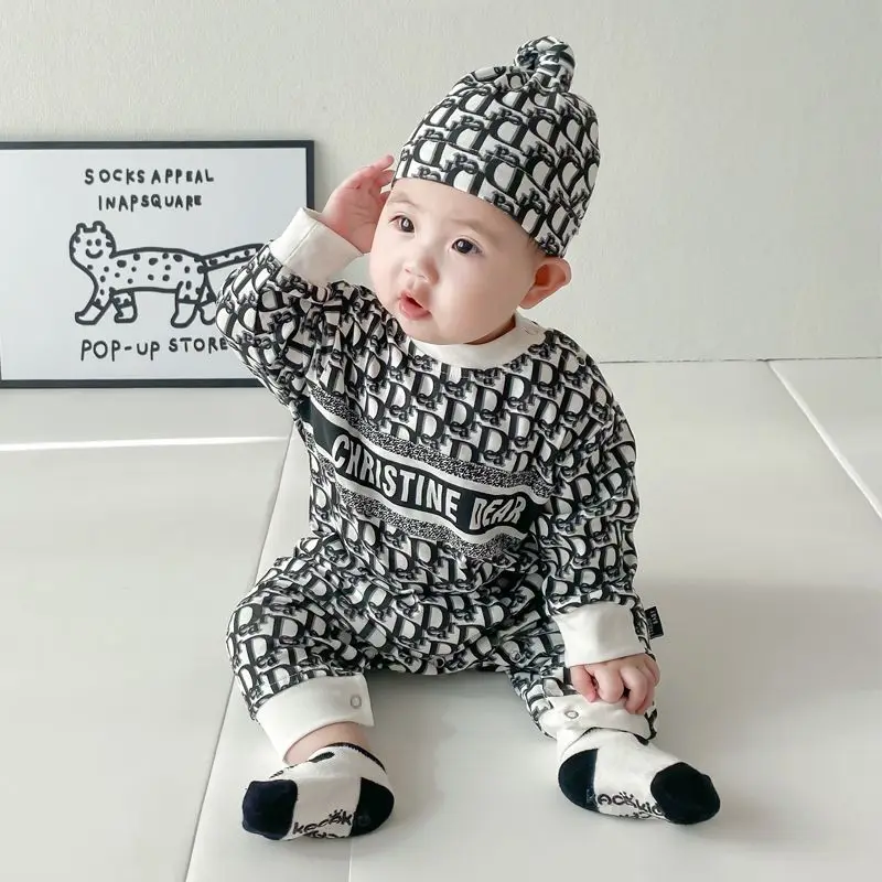 Spring and Autumn New Newborn Baby Onesie Boys Romper with Hat Letter Printed Baby Girls Climbing Clothing Kids Outfits