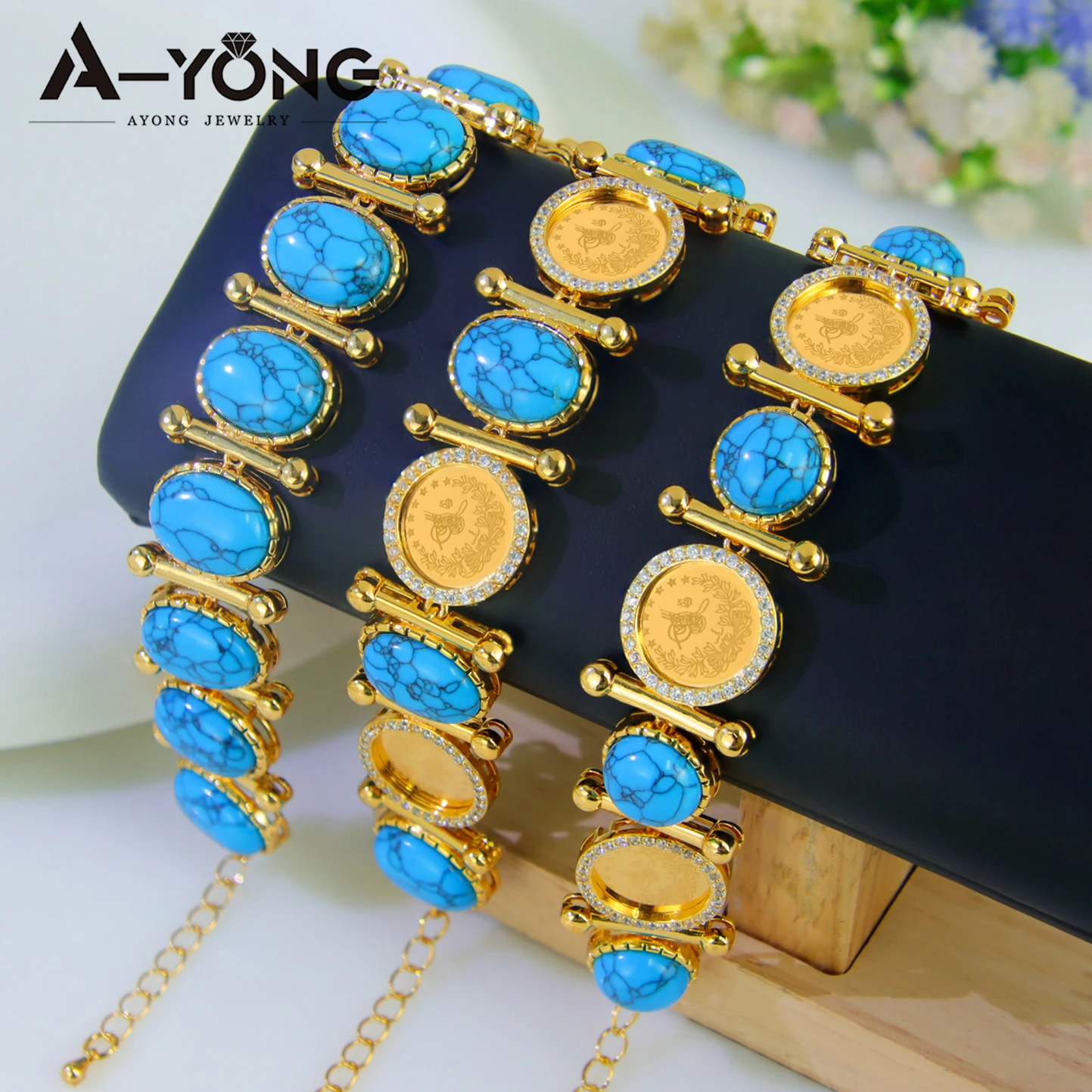 

Dubai Fashion Turquoise Bracelet 21k Gold Plated Turkish Vintage Zirconia Coins Bangles Arabic Muslim Women Party Jewelry