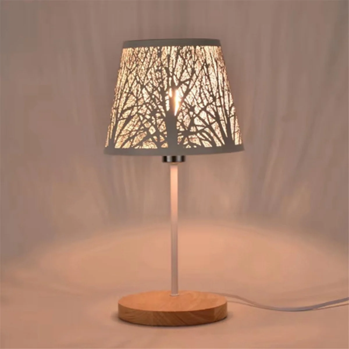 Table Lamp, Barrel Metal Lampshade and Base with Tree Pattern,Suitable for Tabletop Pendant Lamp Wall Lamp White EU PLUG
