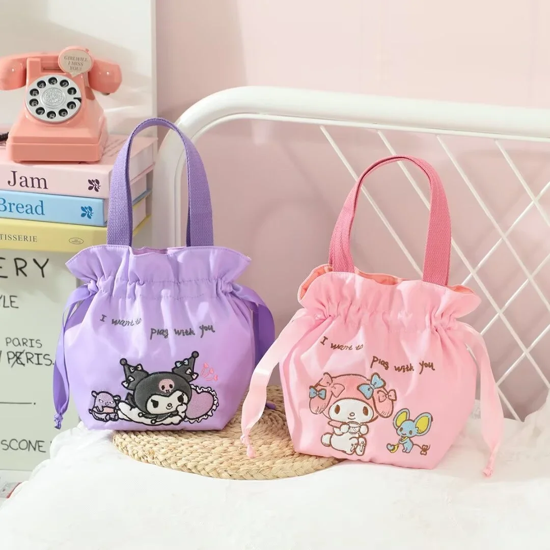 Sanrio Large Capacity Bento Bag Kuromi My Melody Cinnamoroll Hangyodon Drawstring Bag Stitch Handbag Girl Xmas Gifts