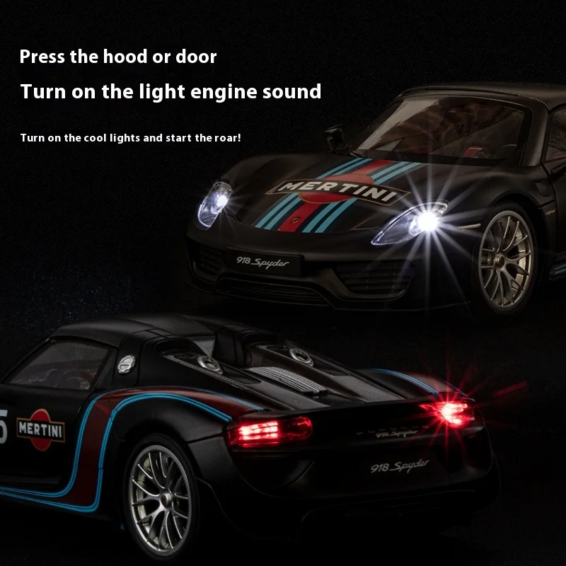 1:18 scala 918 Martini Racing lega modello di auto effetti sonori, dettagli autentici per bambini e collezionisti, Replica da corsa