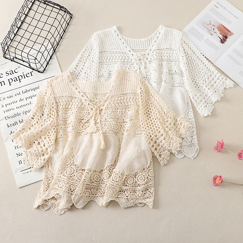 

n Sle Hollow out Knitted Top Women's Travel Beach Sun Protection Coat Svel V-Ne Cotton Polyester Blend