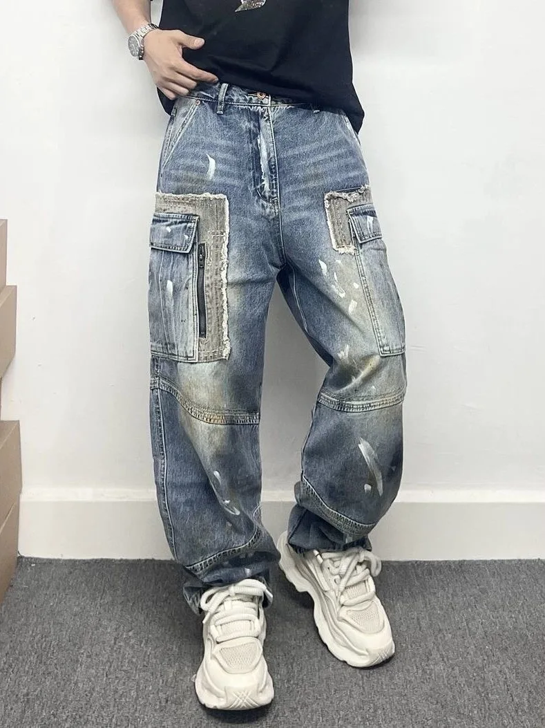 

Модные джинсы Heavy Du Waed Distred в стиле пэчворк Multi ket, рабочая одежда, мужские свободные широкие брюки прямого кроя