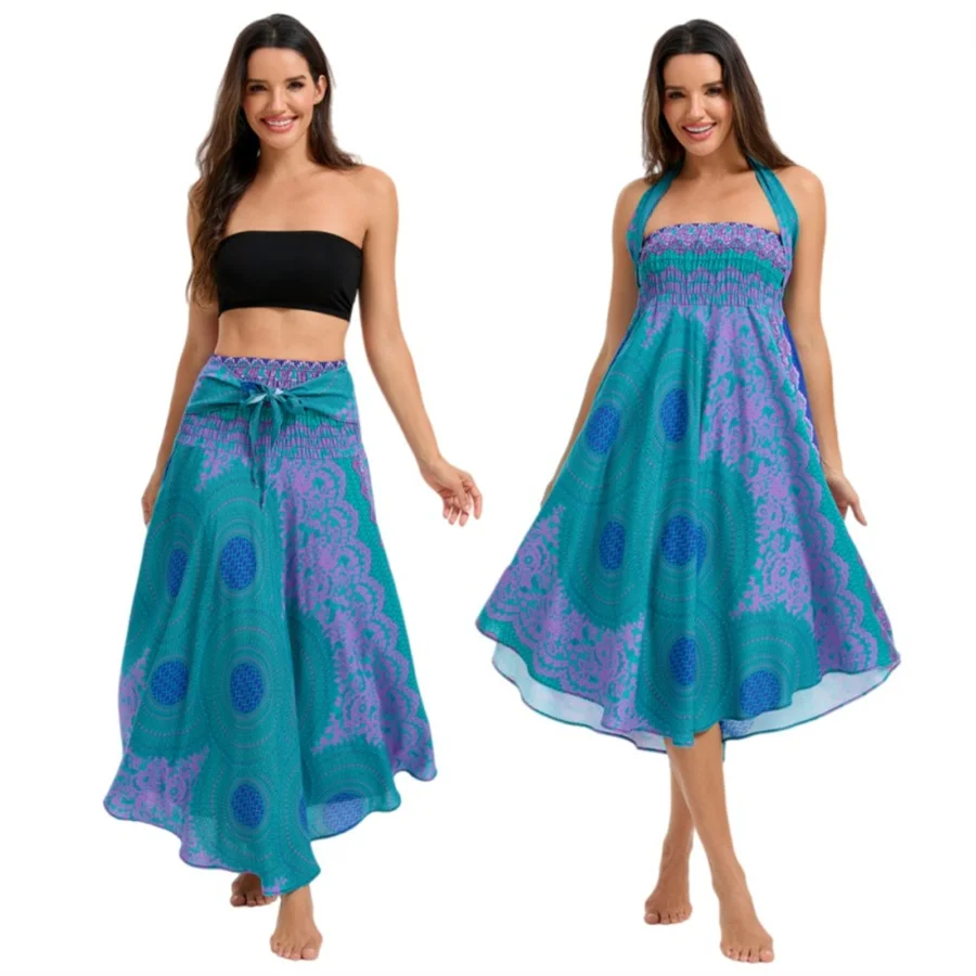 Damen Boho-Kleid aus Rayon, Atmungsaktiv, Weich, Sommerliches Bohemian Langes Kleid, Strandkleidung, Urlaub, Elastische Taille, Bandage-Neckholder, Hippie-Kleid – Detail 15