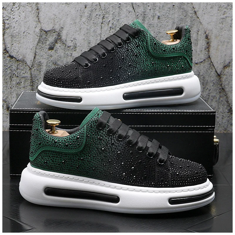 men's casual rivet shoes lace-up flat rhinestone shoe party nightclub platform sneakers suede leather personality footwear male