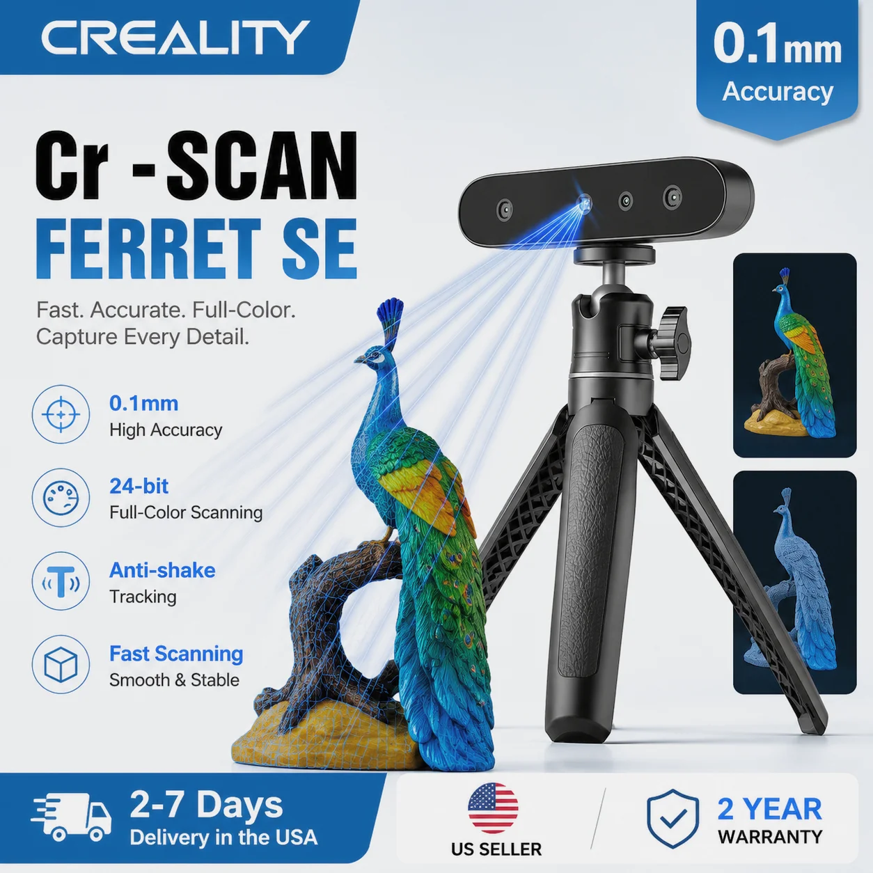 Creality CR-Scan Ferret SE Handheld 3D Scanner 0.1mm High Accuracy 24-bit Full Color 3D Modeling Scanner Anti-Shake Tracking Portable Scanner for 3D Printing