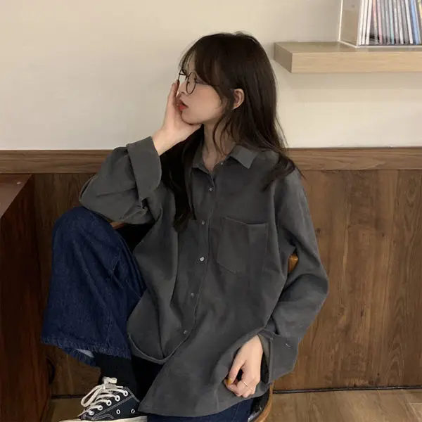 Retro Grey Corduroy Shirt Women's Long Sleeve Faded Flannel Outerwear Loose Fit Fashion Design Autumn Top Inner Wear