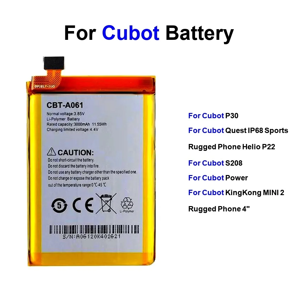 

Аккумулятор мобильного телефона Safe Cbt-A061 2000-6000 мАч для Cubot Kingkong P30 Power Quest S208 Smart 2 4 дюйма Helio Lite Mini