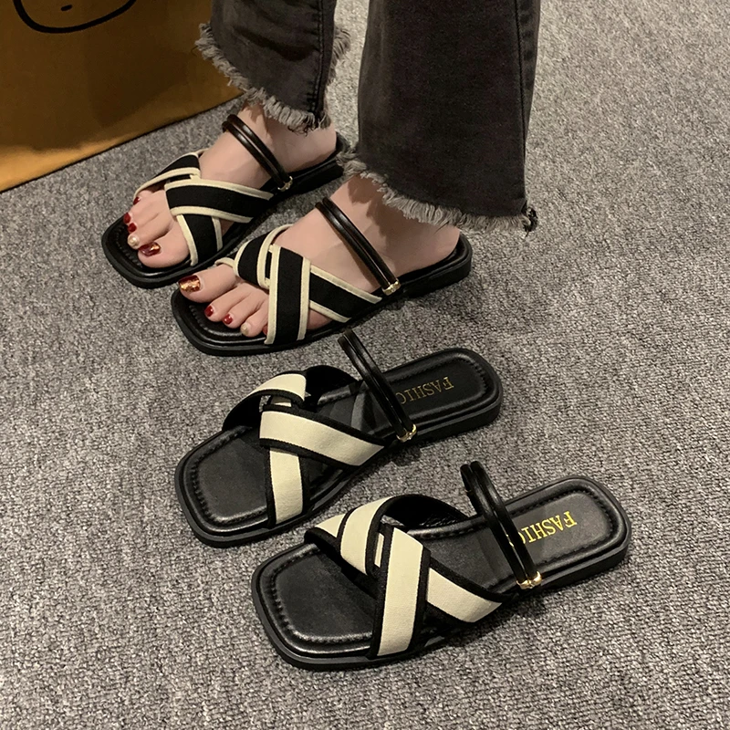 Slippers Women Summer Shoes Low Pantofle Shale Female Beach Slides Fashion 2024Flat Luxury Cotton Fabric PU Rubber Rome