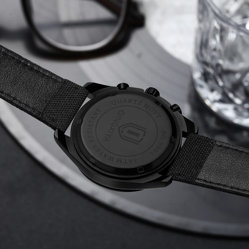 QINGXIYA ブランドメンズ腕時計多機能クロノグラフダイヤルカジュアルスポーツレザーオリジナルクォーツムーブメントビジネス腕時計男性用