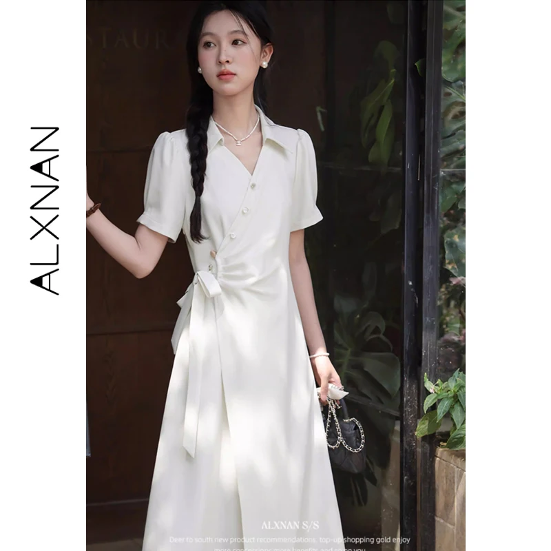 ALXNAN Women's Short Sleeve Dress Summer Lapel Pleated Button Waist Slim Long Dresses Casual Office Lady Clothing QYM002533