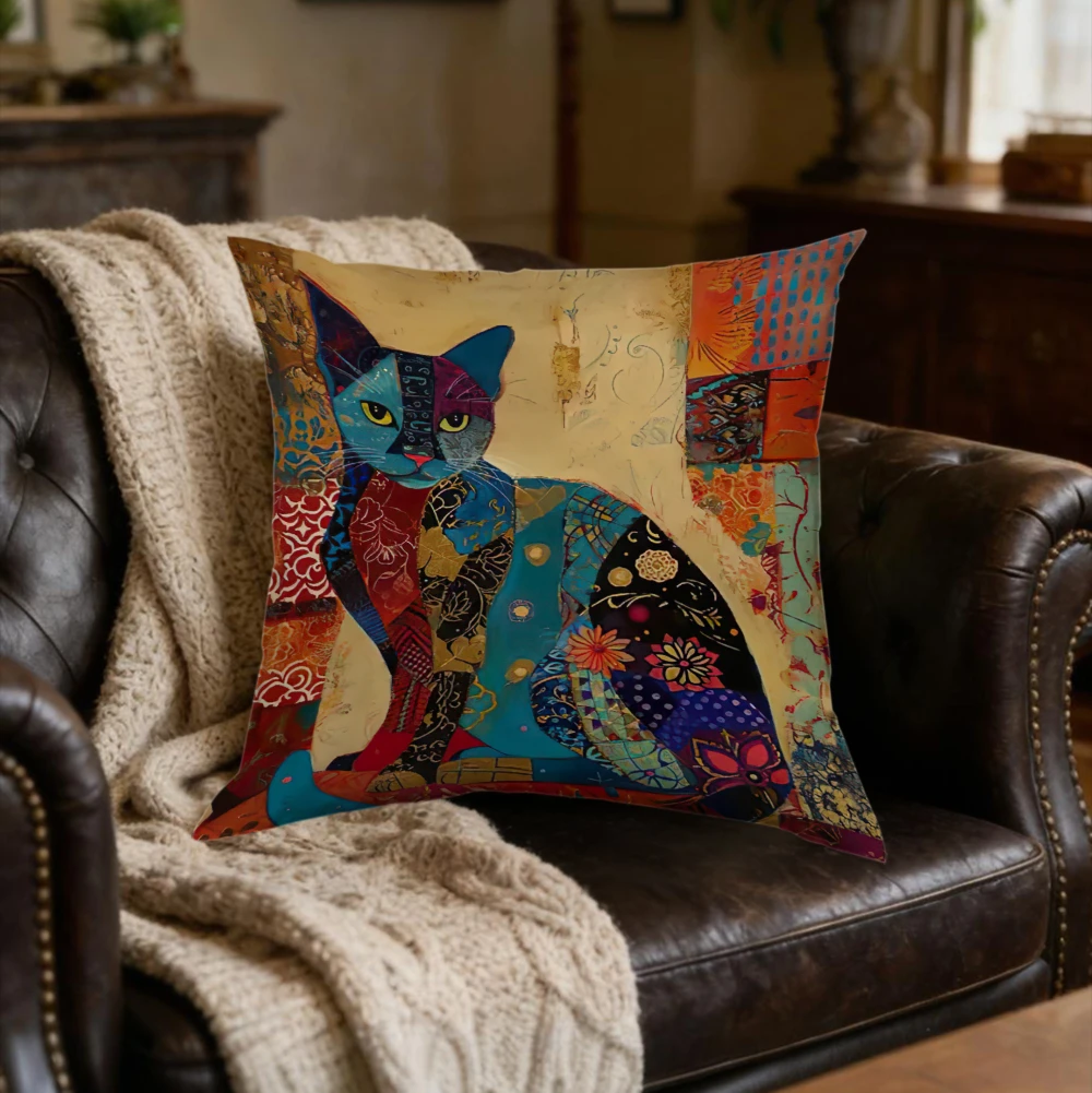 1pc Artistic Cat Cushion Cover Multicolor Patchwork Print Pillowcase For Sofa Bedroom Decorative Throw Case Home Decoration x-2