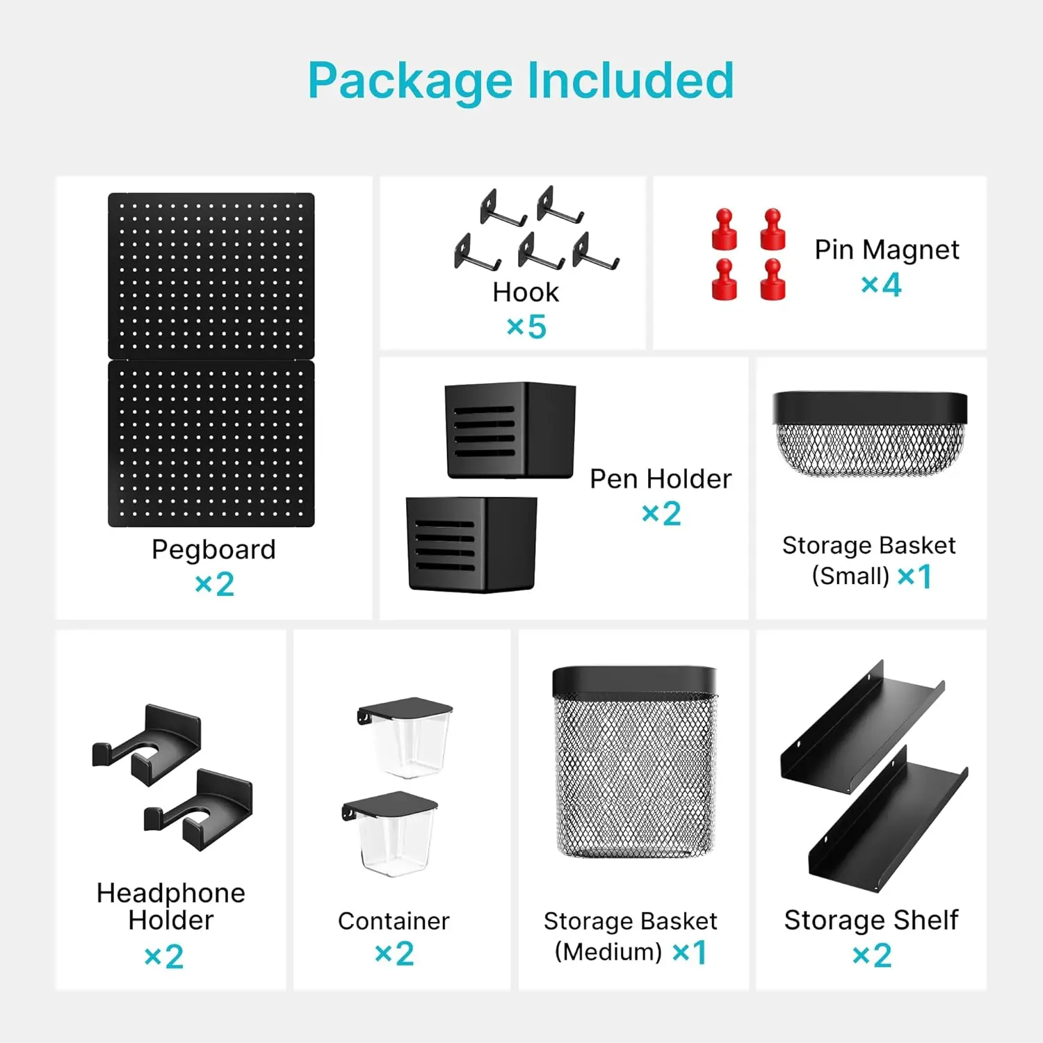 Pegboard Kit kombinasi pengatur dinding, keseluruhan papan Pegboard kantor logam 33.1 "x 20.5" dengan 19 aksesori, terpasang di dinding (2 buah, hitam)