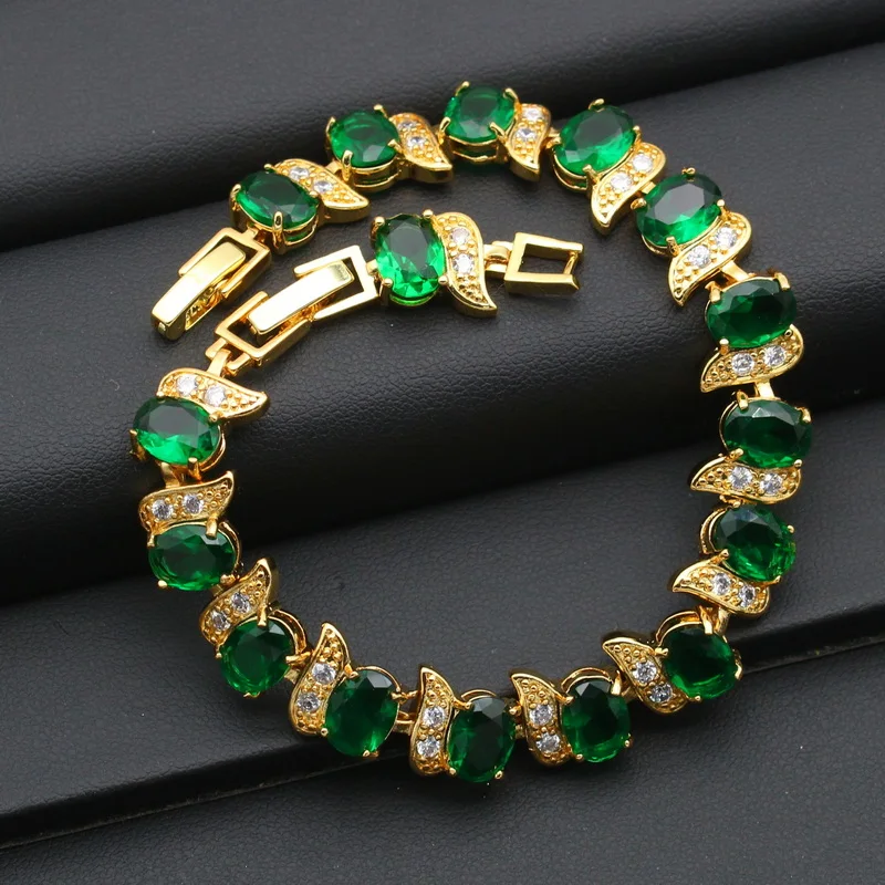 Gold Color Bridal Jewelry Sets For Women Wedding Emerald Blue Zirconia Earrings Pendant Ring Bracelet Chain Christmas Gift