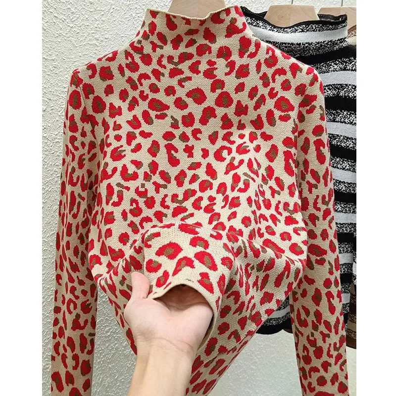 Women's Clothing Y2K Red Leopard Jacquard Elastic Sweaters Autumn Winter Vintage Slim Turtleneck Soft Wool Knitted Pullovers