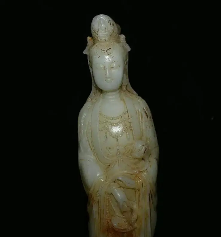 12” Old Chinese White Jade Carving Kwan-yin Guan Yin Goddess Statue Sculpture