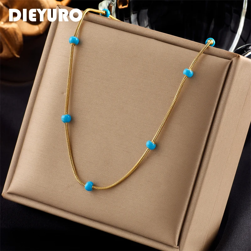 DIEYURO 316L Stainless Steel Blue Beads Necklace For Women New Fashion Ladies Clavicle Chain Party Simple Jewelry Gift Bijoux